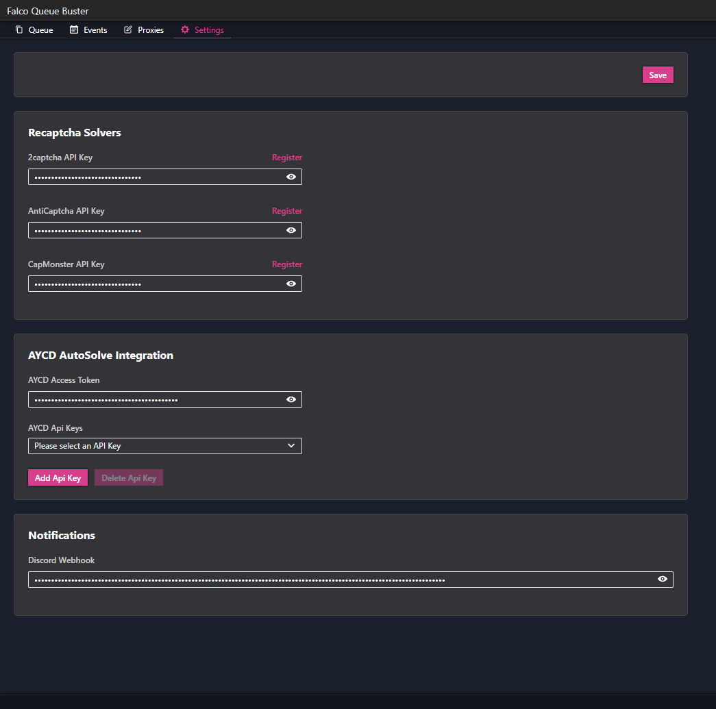 The settings menu after entering Captcha keys